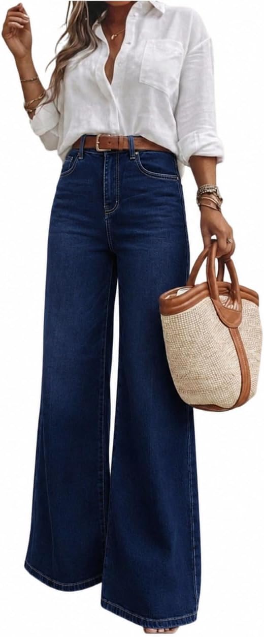 Women's Dark Wash Bootcut Jeans - High Waisted Wide Leg Denim with Classic Five Pocket Styling - 31 Long