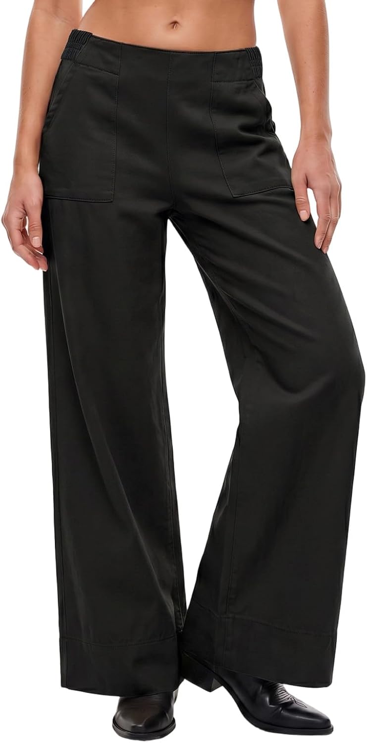 Women's Elastic Waist Wide Leg Jeans - Full Length Baggy Denim Pants for Relaxed Everyday Wear - Medium