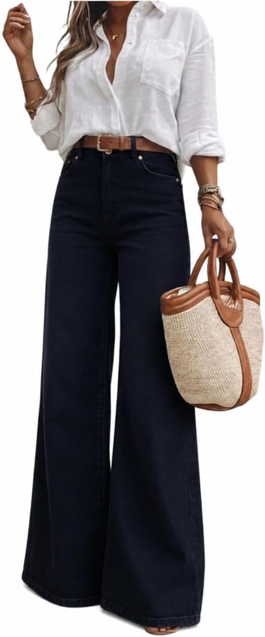 Women's Dark Wash Bootcut Jeans - High Waisted Wide Leg Denim with Classic Five Pocket Styling - 31 Long