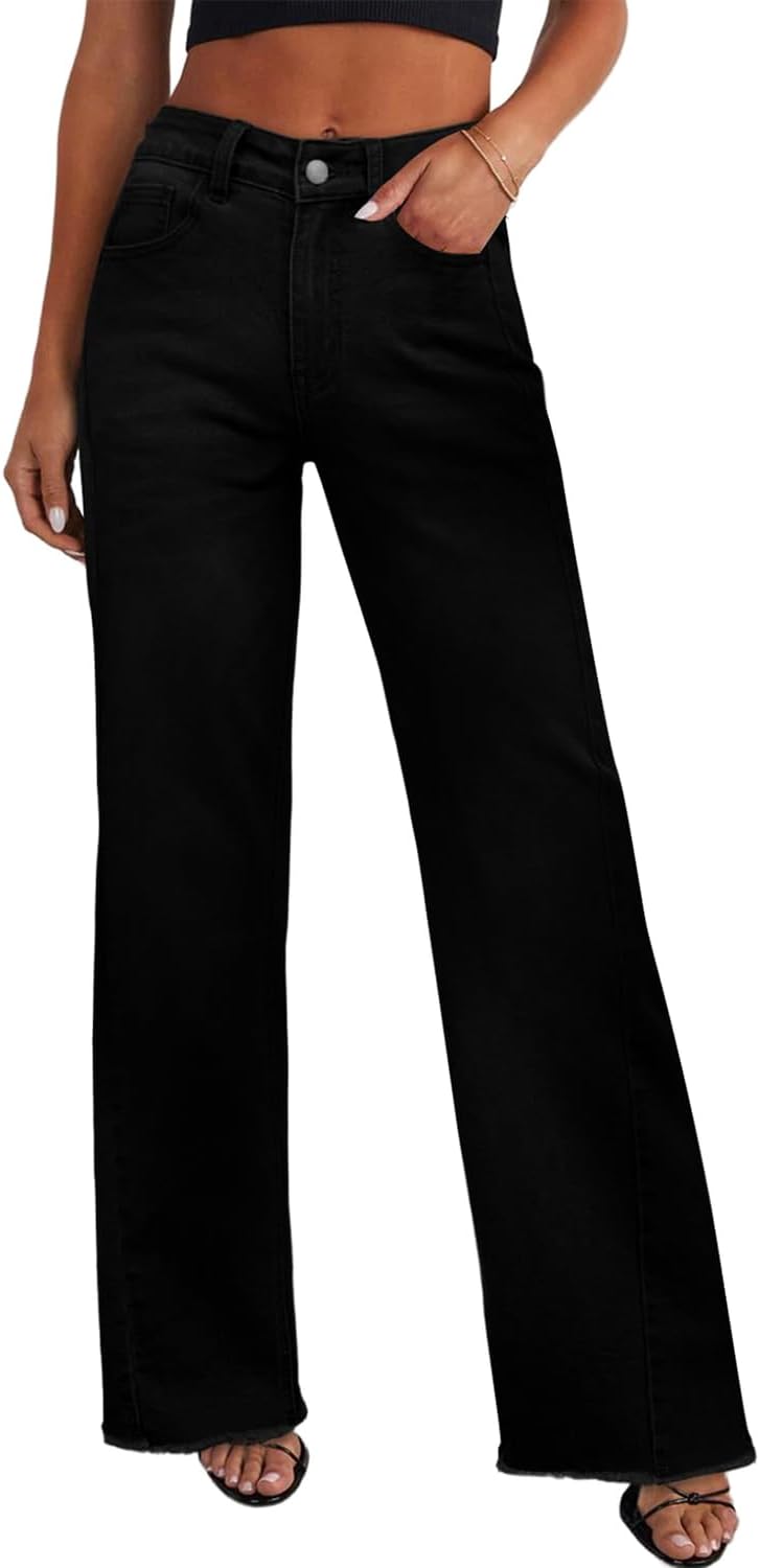 Women's High Waisted Wide Leg Jeans - Raw Hem Baggy Boyfriend Denim in Full Length for Daily Outfits - 0