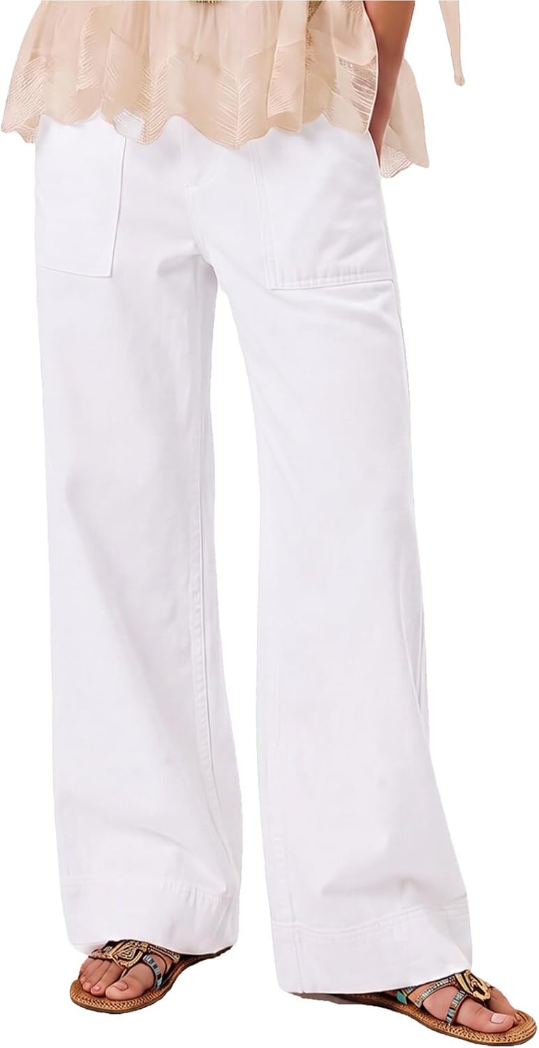 Women's Cotton Wide Leg Jeans - Low Mid Rise Pull On Baggy Denim with Oversized Pockets for Boho Outfits - Small