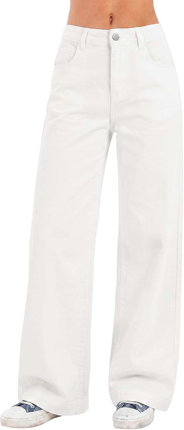 Women's High Waist Wide Leg Jeans - Stretchy Baggy Denim Trousers with Pockets for Relaxed Daily Wear - Small (16)