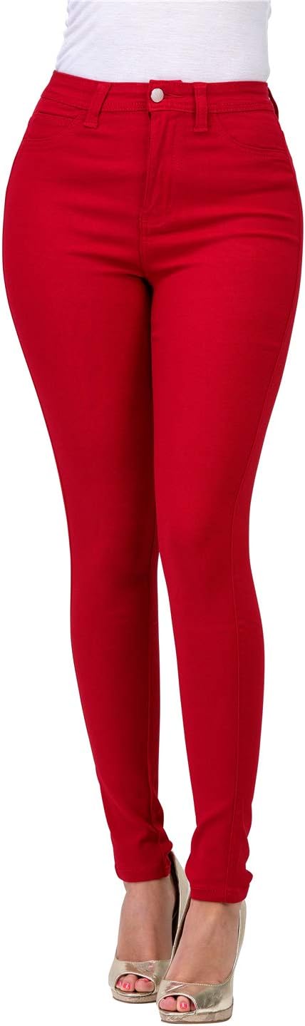 Women's Colored Skinny Jeans - High Rise Destroyed Ripped Stretch Denim in Olive, Mustard and Red - Large (30)