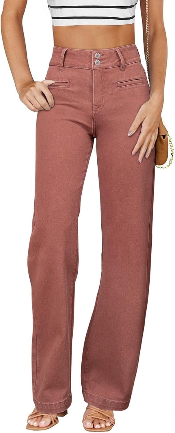 Women's High Waisted Straight Leg Jeans - Soft Stretch Denim with a Dual Button Closure and Pockets - 2