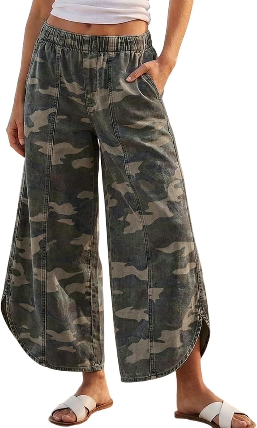 Women's Tulip Hem Wide Leg Jeans - Elastic Waist Cropped Denim Pants with a Casual Y2k Shape - Small