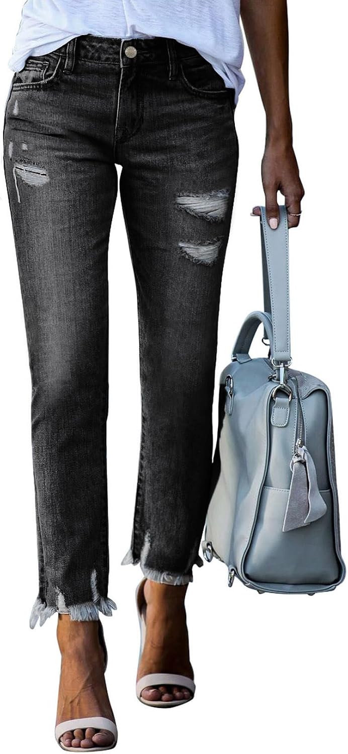 Women's Ripped Straight Leg Jeans - Distressed Boyfriend Denim with Raw Hem and Five Pockets - 6