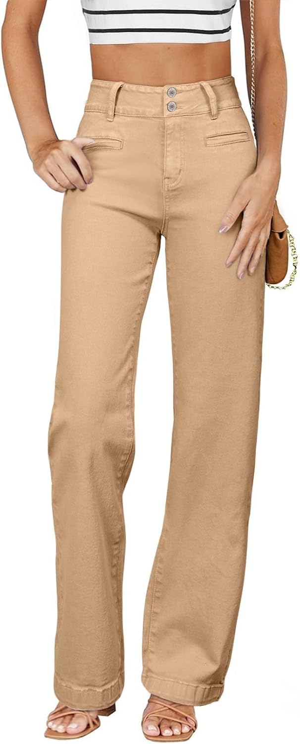 Women's High Waisted Straight Leg Jeans - Soft Stretch Denim with a Dual Button Closure and Pockets - 4