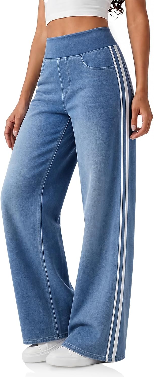 Women's Side Striped Wide Leg Jeans - Pull On Stretch Denim with Side and Back Pockets - Small