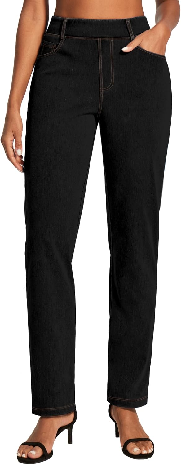 Women's Pull On Straight Leg Jeans - Elastic Waist Tummy Control Denim in Two Lengths for the Office - Petite (5)
