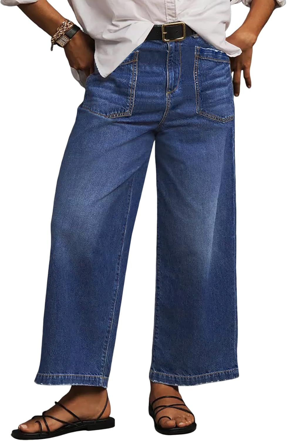 Women's Plus Size Wide Leg Jeans - High Waisted Baggy Stretch Denim with Pockets in Sizes 1X to 5X - 1X