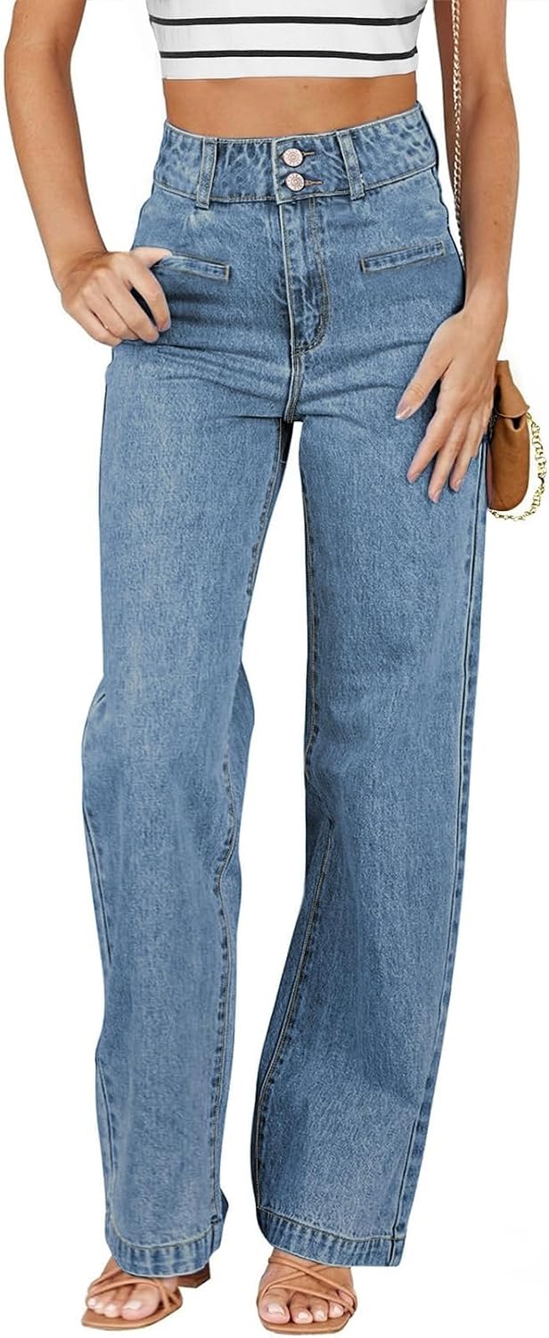 Women's High Waisted Straight Leg Jeans - Soft Stretch Denim with a Dual Button Closure and Pockets - 0