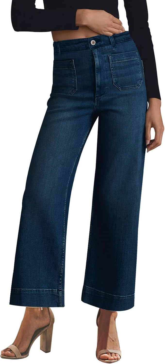 Women's High Waisted Wide Leg Jeans - Straight Leg Stretch Denim with Pockets for Everyday Outfits - 4