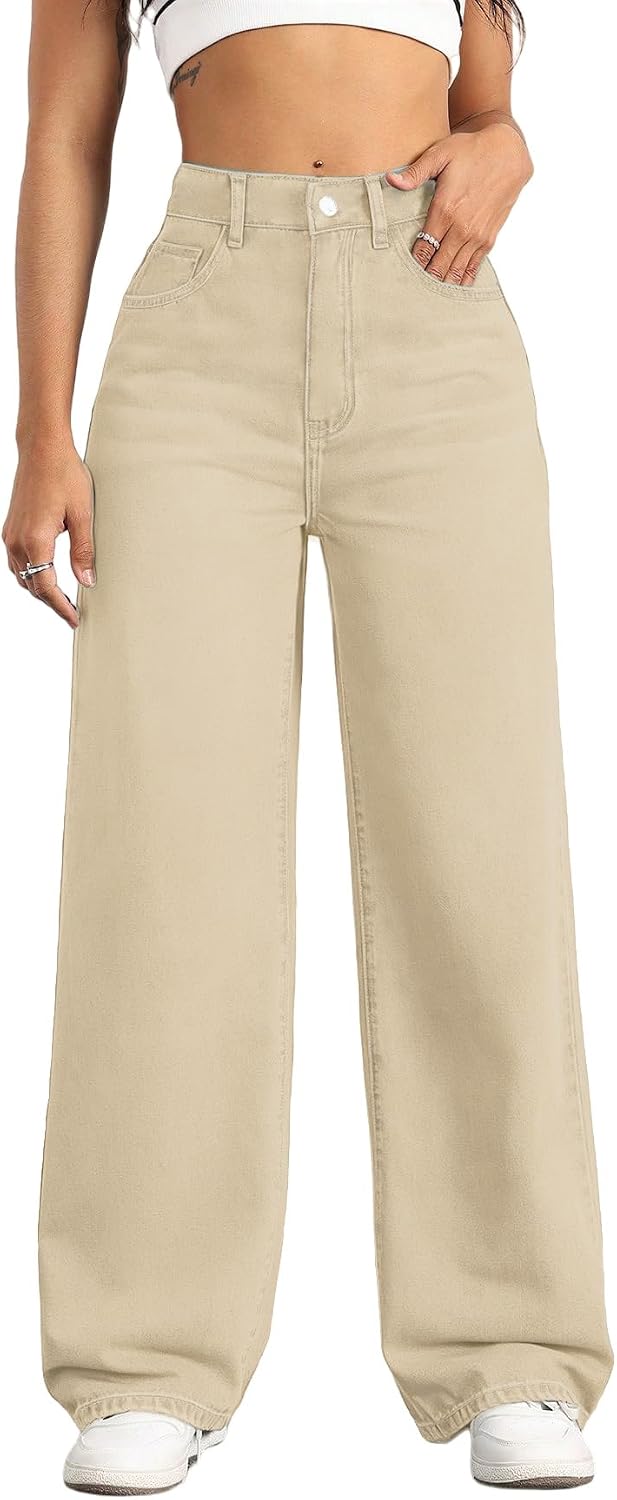 Women's High Rise Straight Leg Jeans - Baggy Boyfriend Denim with Five Pockets for Casual Wear - Apricot
