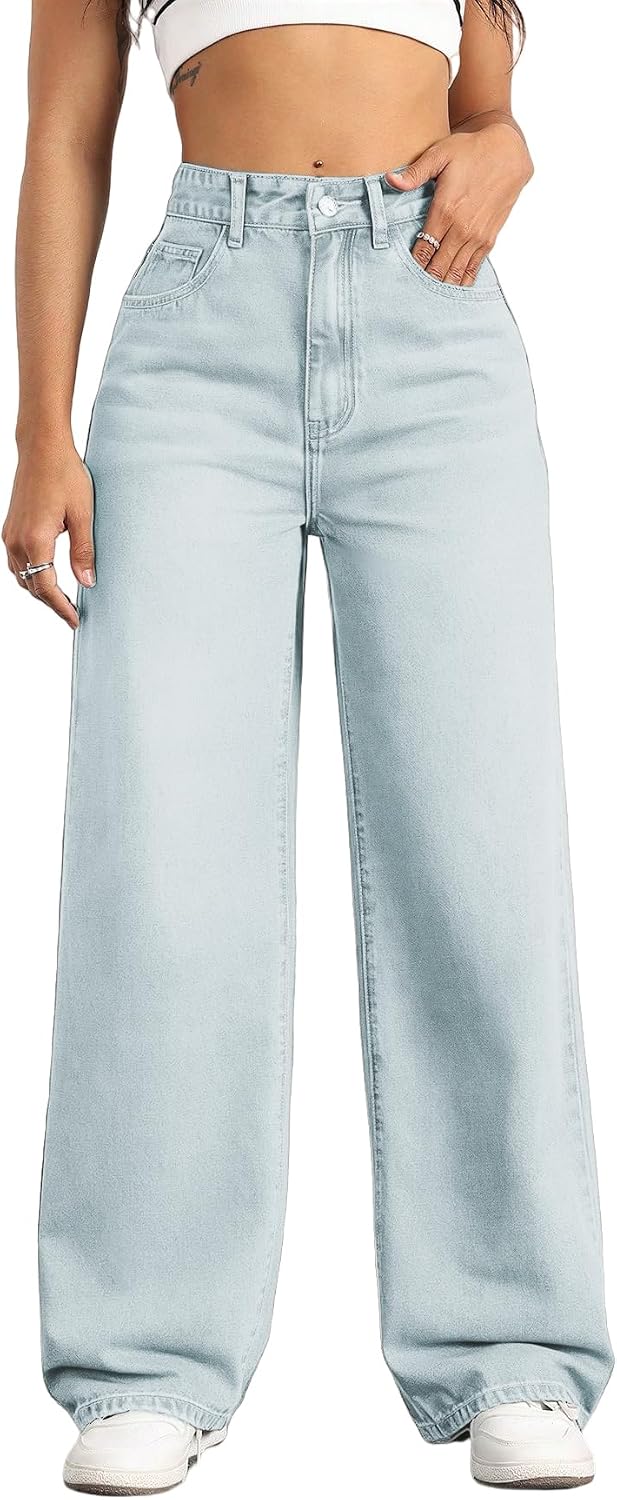 Women's High Rise Straight Leg Jeans - Baggy Boyfriend Denim with Five Pockets for Casual Wear - Beige (11)