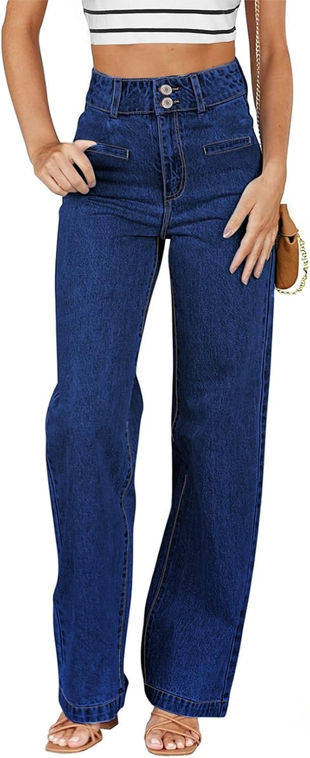 Women's High Waisted Straight Leg Jeans - Soft Stretch Denim with a Dual Button Closure and Pockets - 4