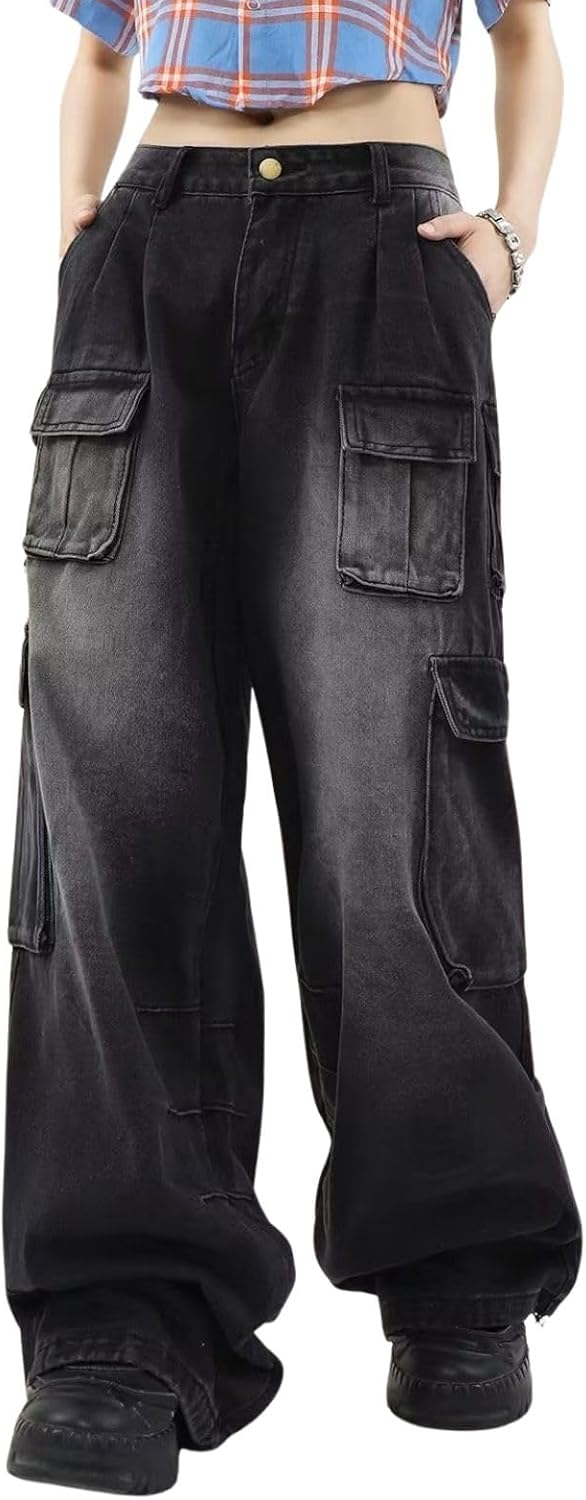 Women's Cargo Jeans - Low Waist Baggy Wide Leg Denim with Multiple Pockets for Grunge Streetwear - Small