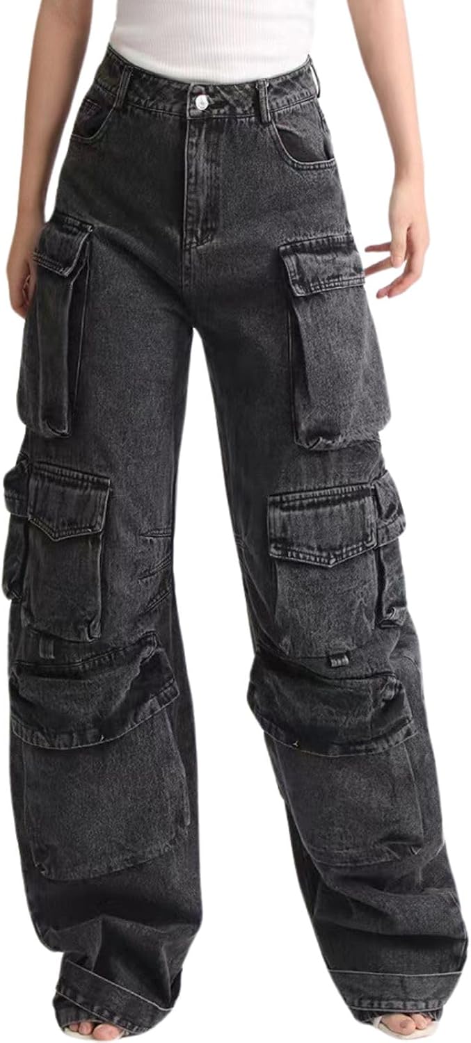 Women's Cargo Jeans - Low Waist Baggy Wide Leg Denim with Multiple Pockets for Grunge Streetwear - Small
