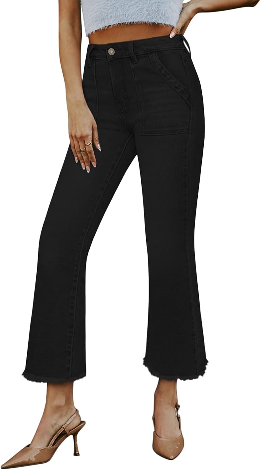Women's Stretch Denim Flare Jeans - High Rise Raw Hem Ankle Crop with Bootcut Leg for Daily Wear - 2