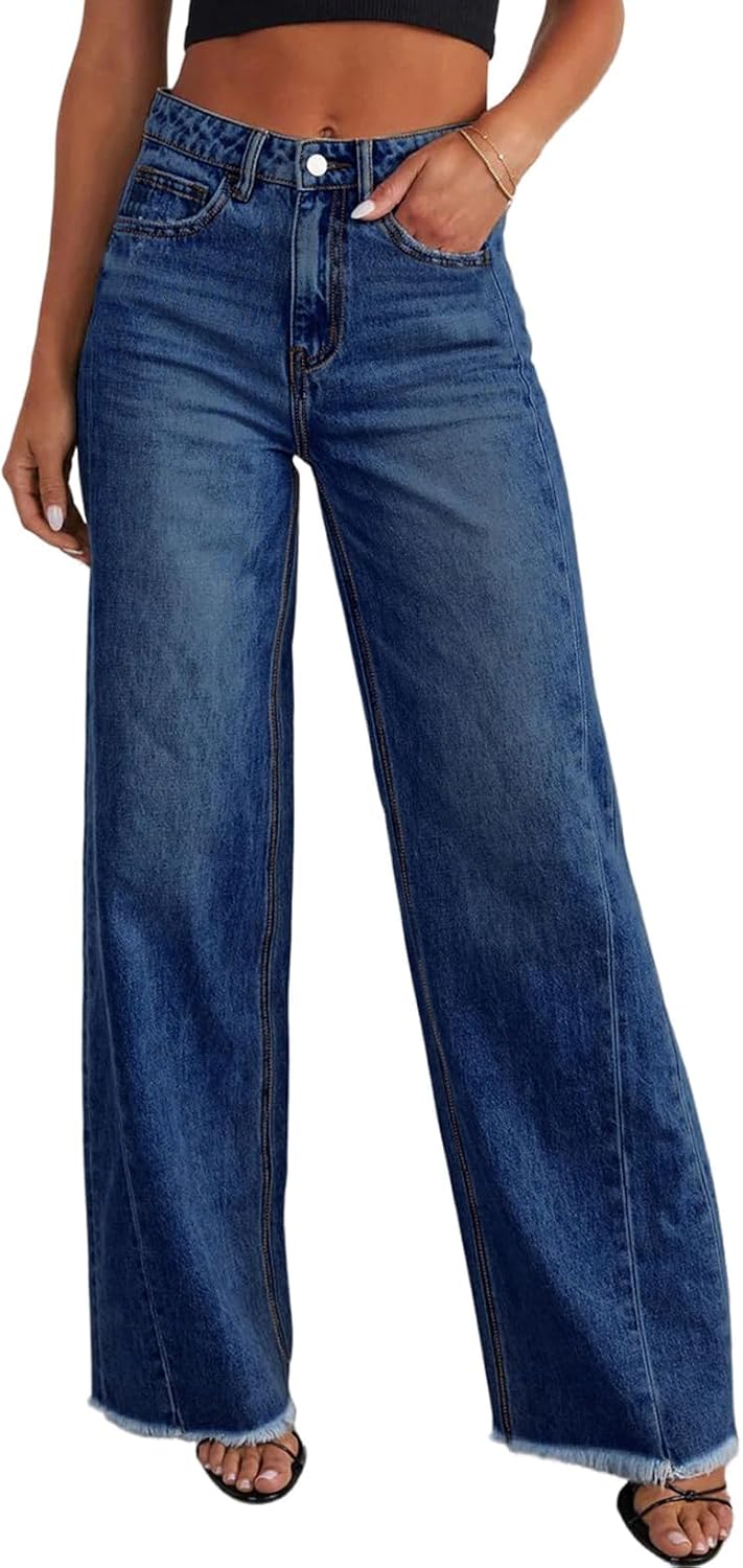 Women's High Waisted Wide Leg Jeans - Raw Hem Baggy Boyfriend Denim in Full Length for Daily Outfits - 0