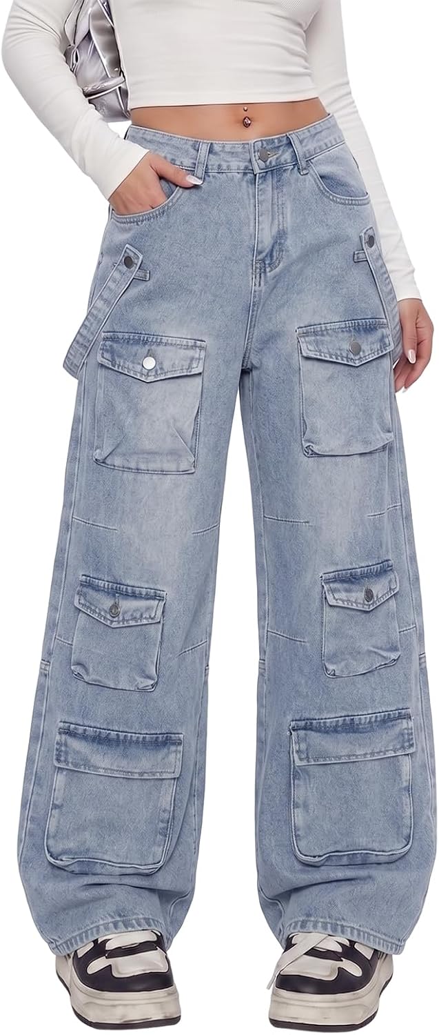 Women's Cargo Jeans - Low Waist Baggy Wide Leg Denim with Multiple Pockets for Grunge Streetwear - Small