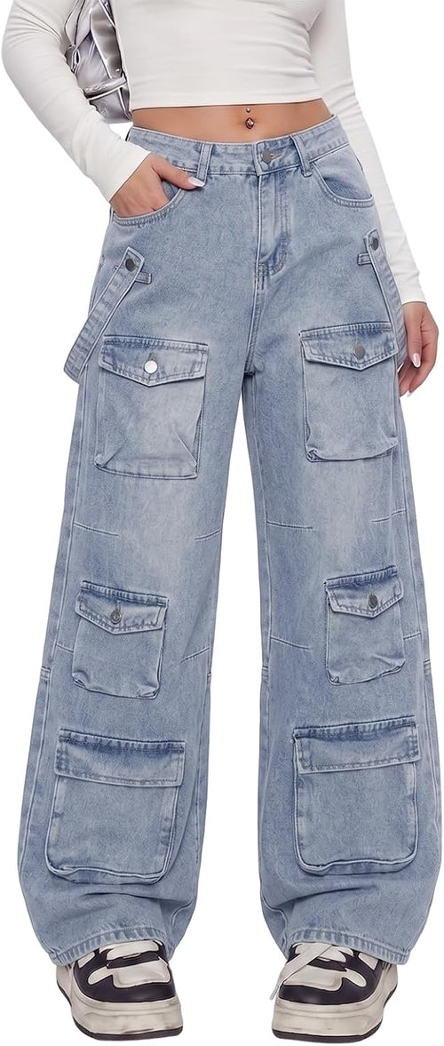 Women's Cargo Jeans - Low Waist Baggy Wide Leg Denim with Multiple Pockets for Grunge Streetwear - Small