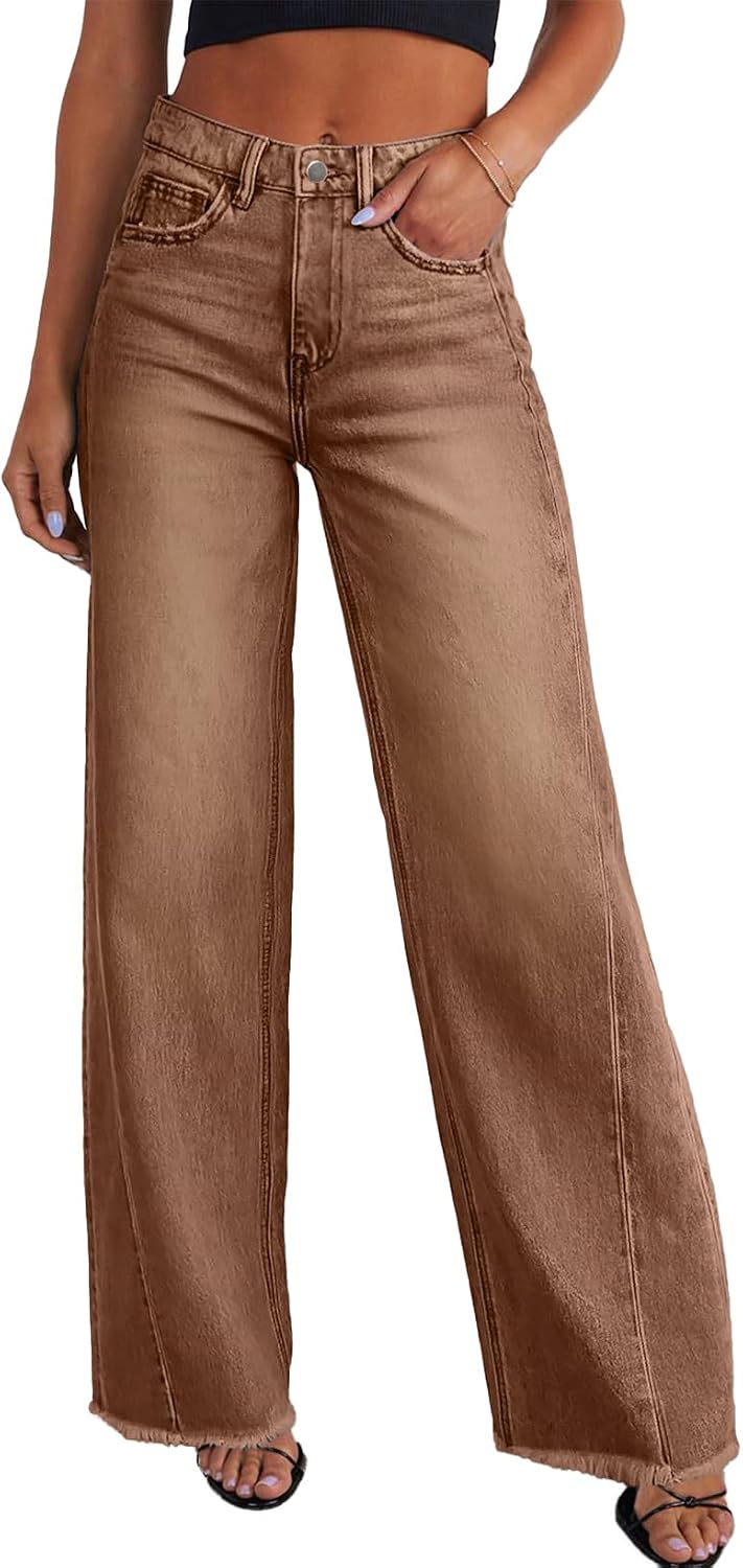 Women's High Waisted Wide Leg Jeans - Raw Hem Baggy Boyfriend Denim in Full Length for Daily Outfits - 2