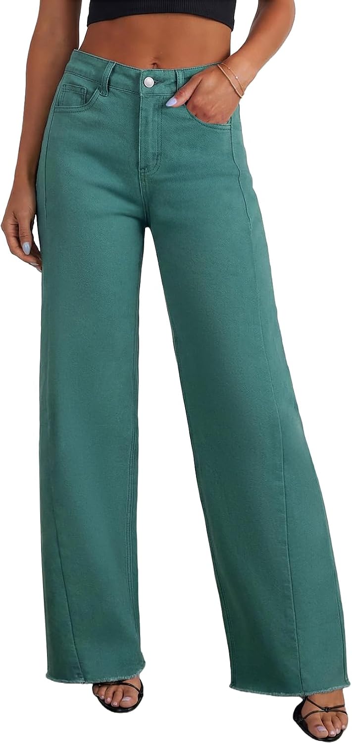 Women's High Waisted Wide Leg Jeans - Raw Hem Baggy Boyfriend Denim in Full Length for Daily Outfits - 2
