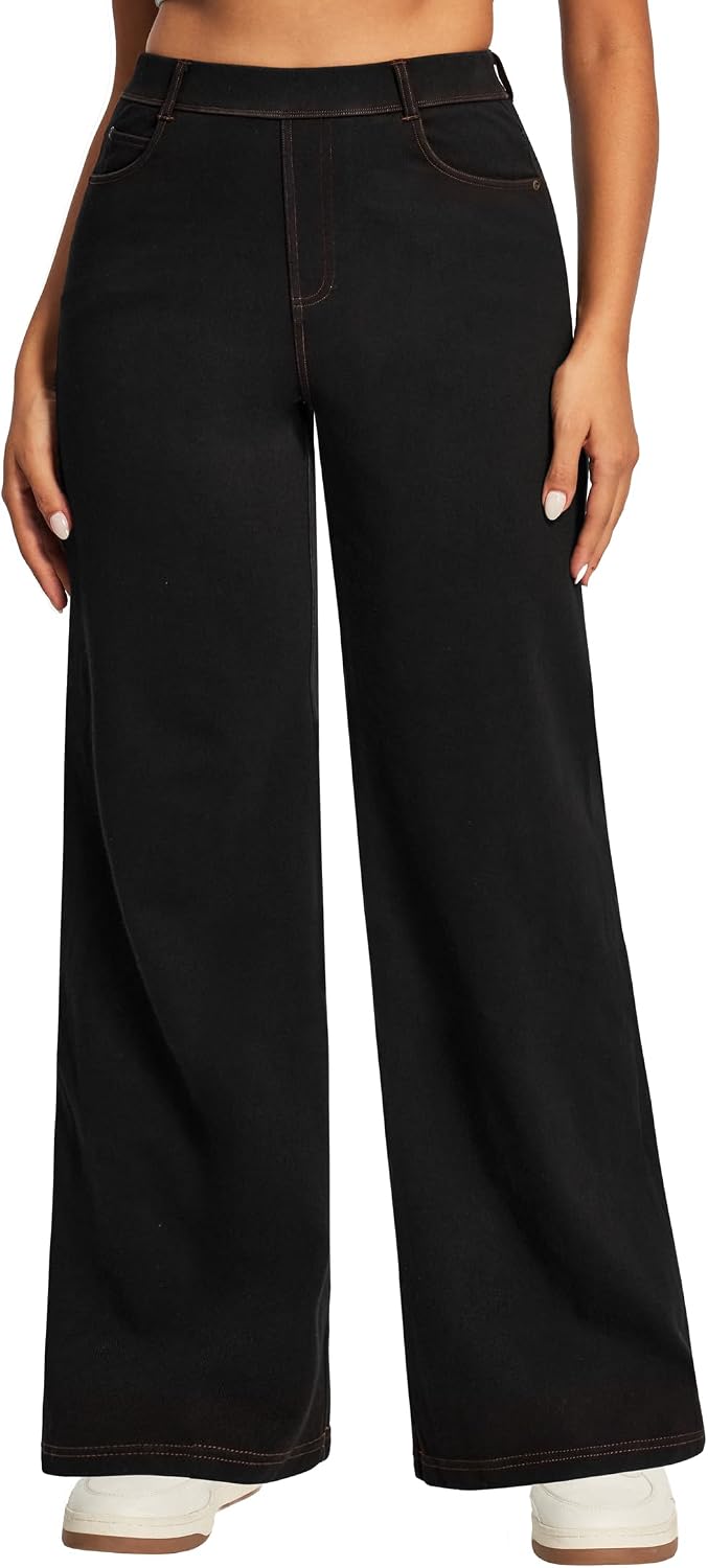 Women's Pull On Wide Leg Jeans - Elastic Waist Sweatpant Denim with Five Pockets and No Zipper - Petite (3)