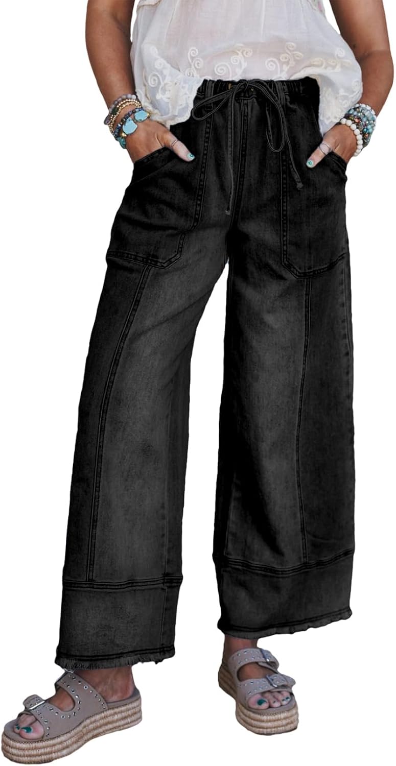Women's High Waisted Wide Leg Jeans - Baggy Stretch Denim with an Adjustable Drawstring Waist - 6