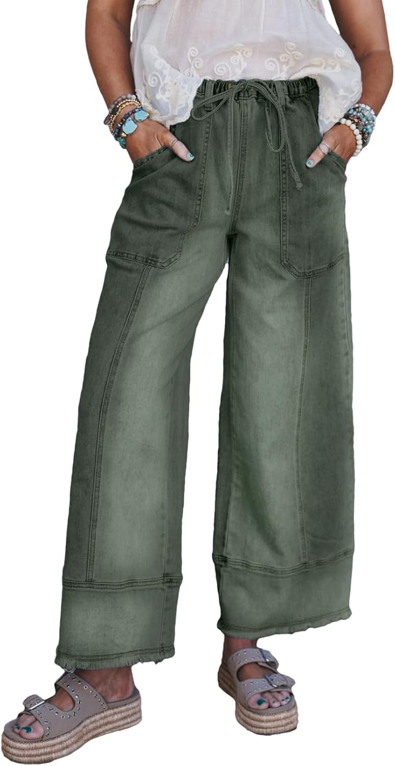 Women's High Waisted Wide Leg Jeans - Baggy Stretch Denim with an Adjustable Drawstring Waist - 4