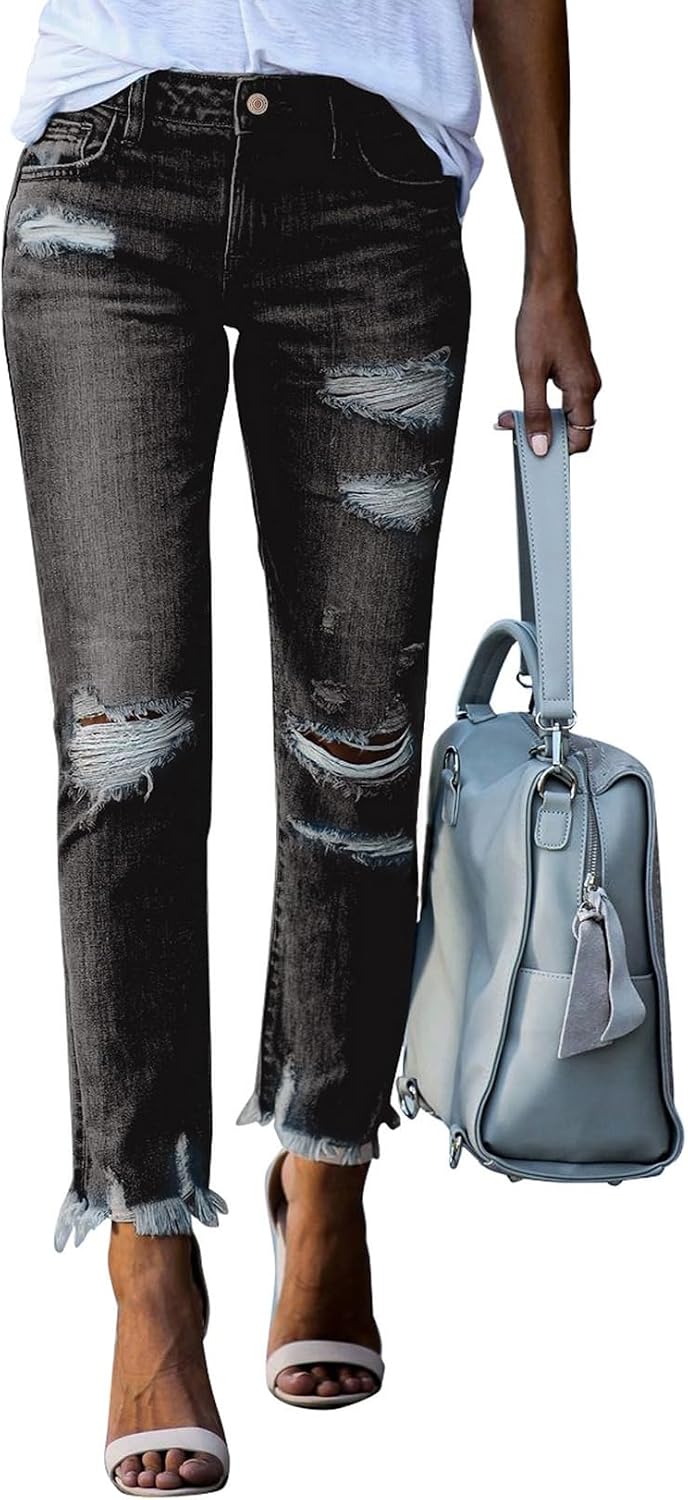 Women's Ripped Straight Leg Jeans - Distressed Boyfriend Denim with Raw Hem and Five Pockets - 4