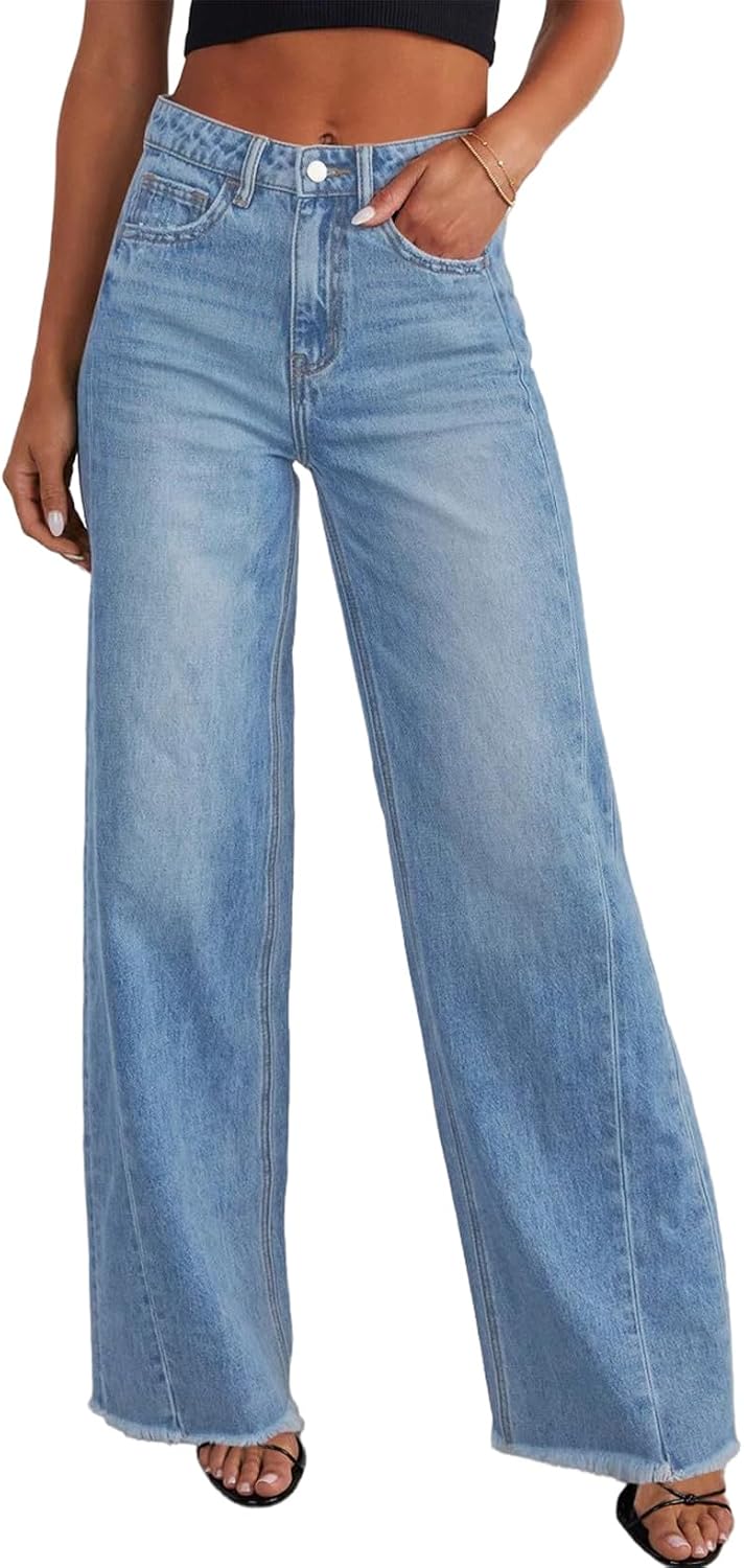 Women's High Waisted Wide Leg Jeans - Raw Hem Baggy Boyfriend Denim in Full Length for Daily Outfits - 4