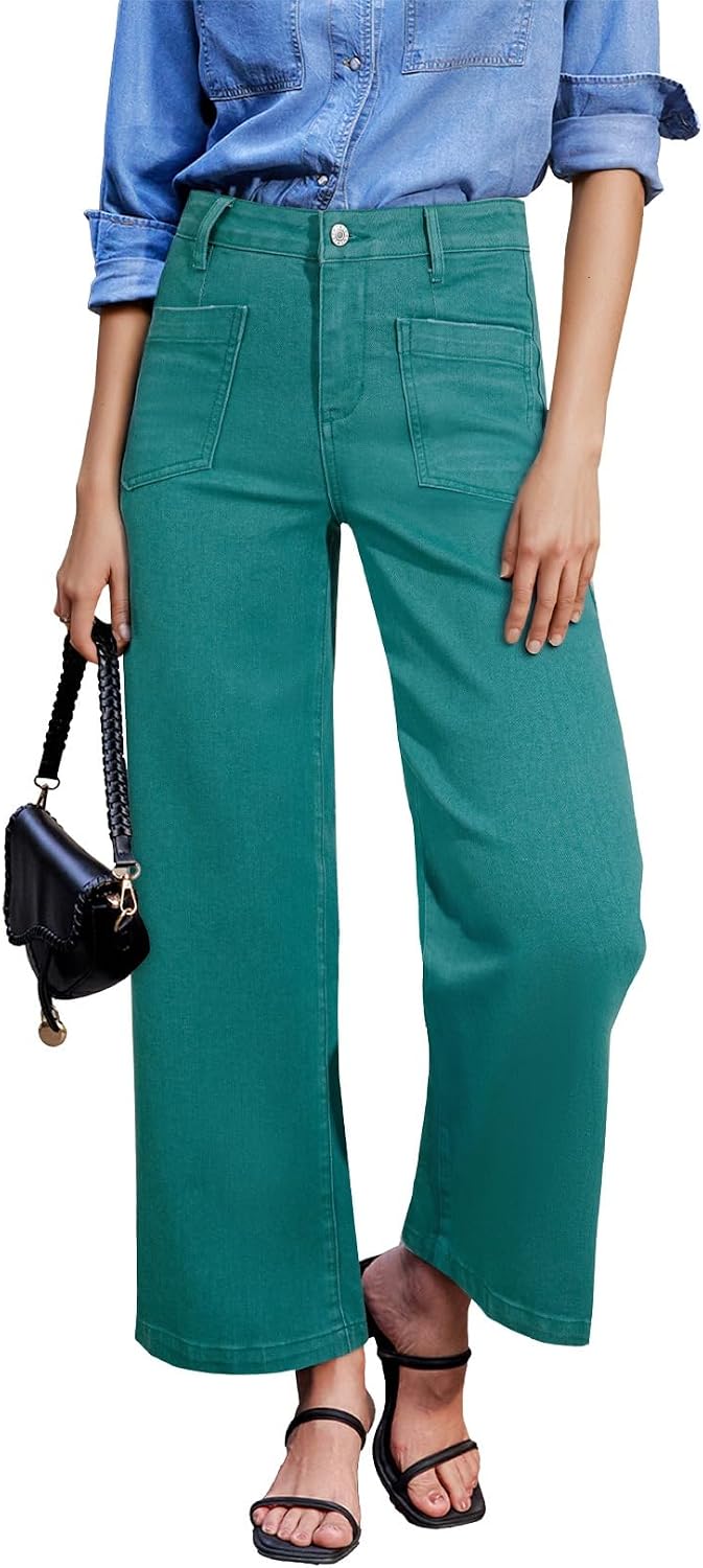 Women's Wide Leg Ankle Jeans - High Waisted Stretch Denim with Four Patch Pockets and Distressing - 2