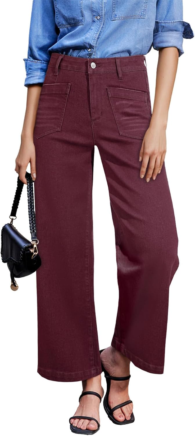 Women's Wide Leg Ankle Jeans - High Waisted Stretch Denim with Four Patch Pockets and Distressing - 2