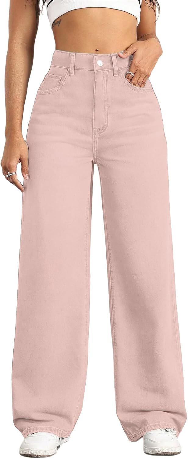 Women's High Rise Straight Leg Jeans - Baggy Boyfriend Denim with Five Pockets for Casual Wear - Lightblue