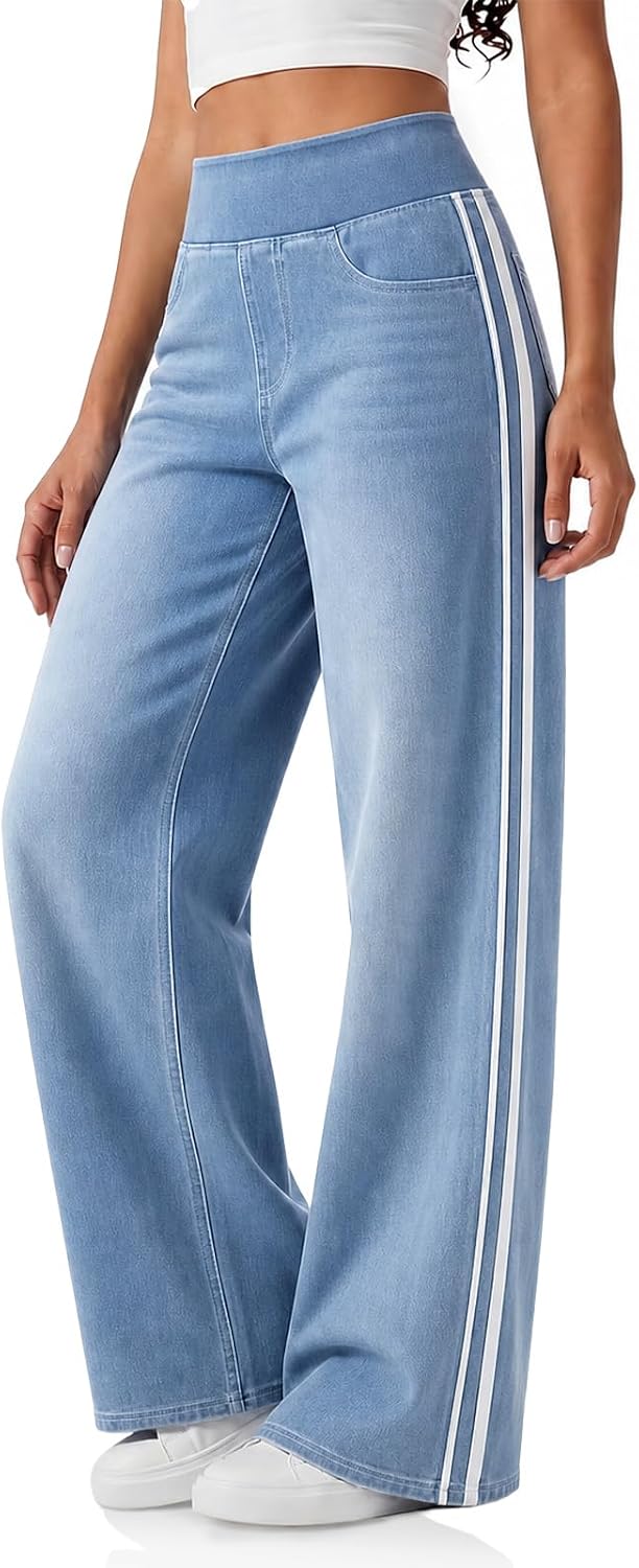 Women's Side Striped Wide Leg Jeans - Pull On Stretch Denim with Side and Back Pockets - Small