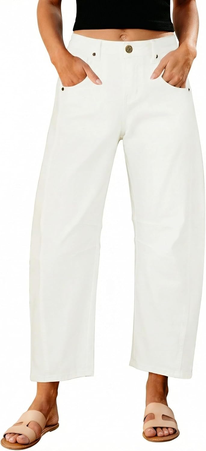 Women's High Rise Barrel Jeans - Cropped Stretch Denim with Seam Detailing for Dressy Casual Outfits - Small