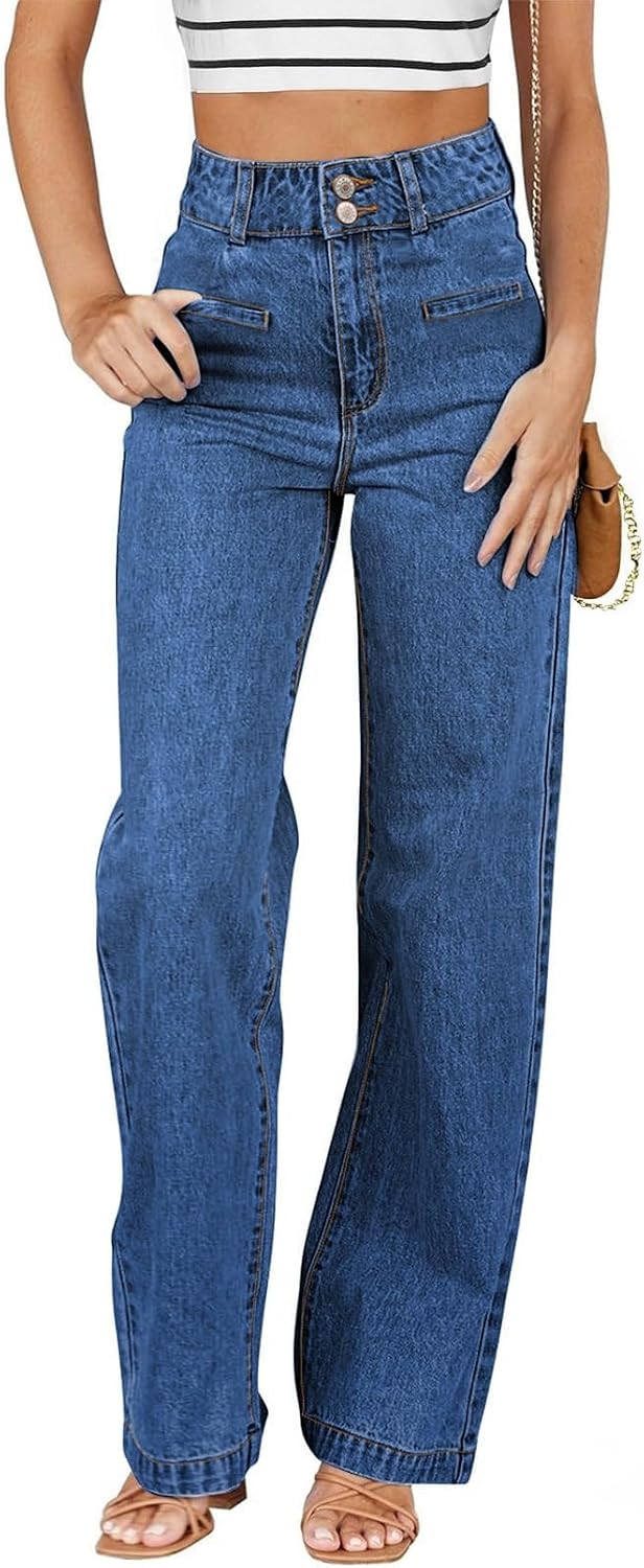 Women's High Waisted Straight Leg Jeans - Soft Stretch Denim with a Dual Button Closure and Pockets - 2