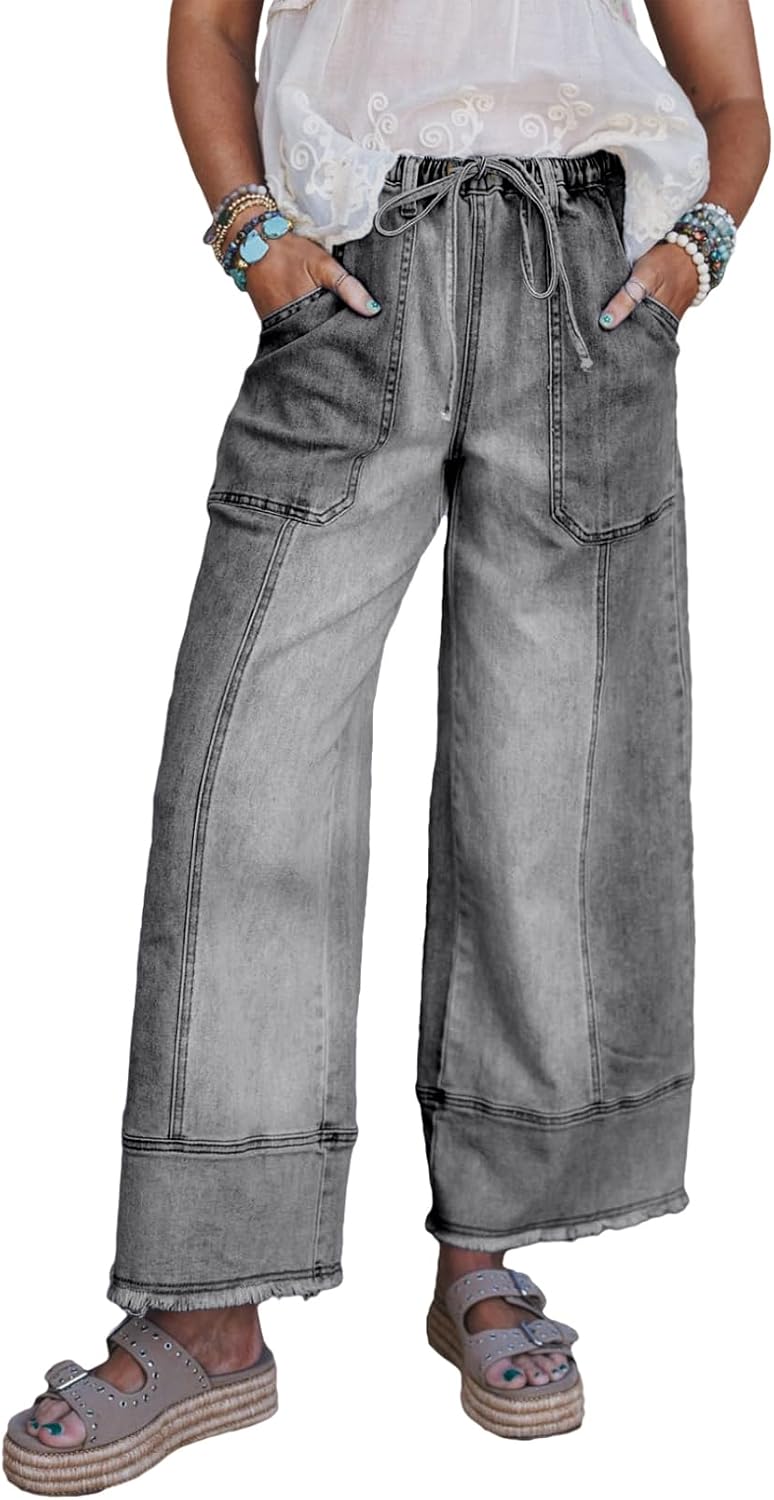 Women's High Waisted Wide Leg Jeans - Baggy Stretch Denim with an Adjustable Drawstring Waist - 4