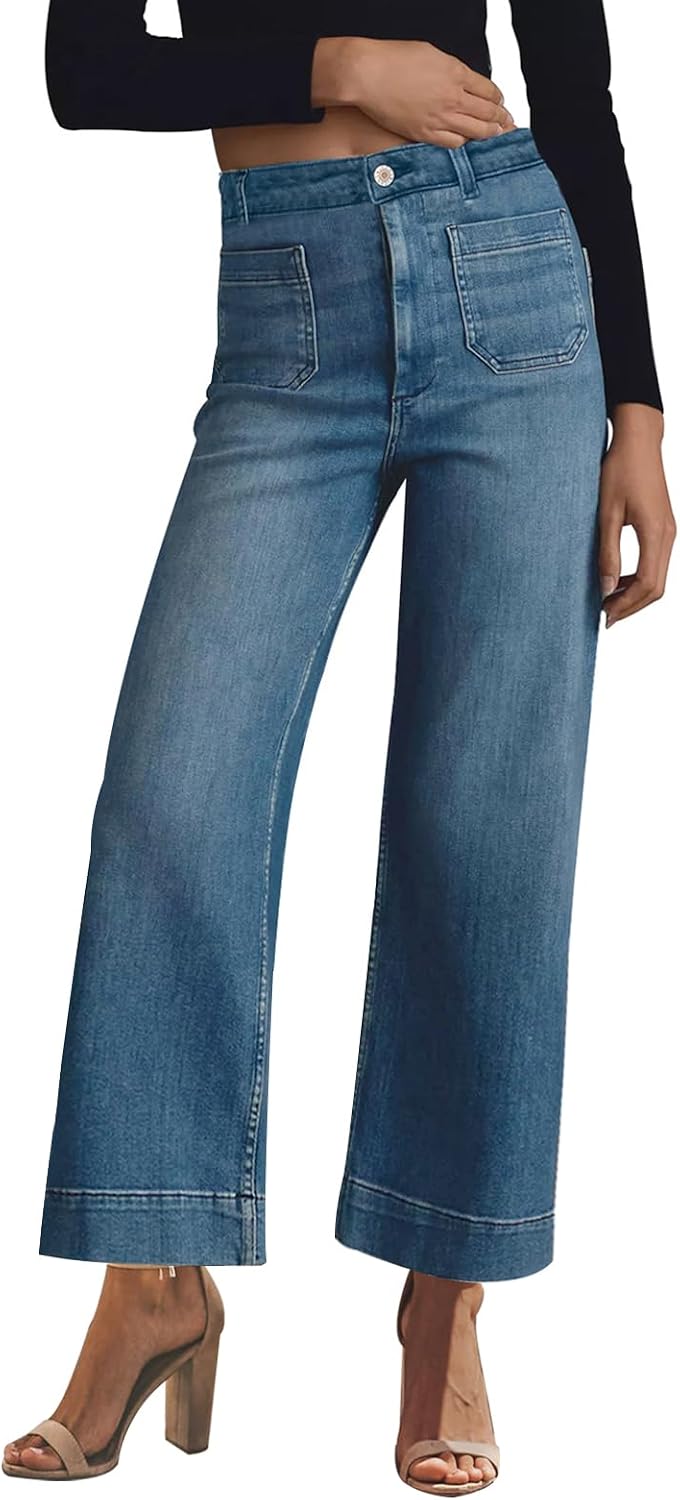 Women's High Waisted Wide Leg Jeans - Straight Leg Stretch Denim with Pockets for Everyday Outfits - 4