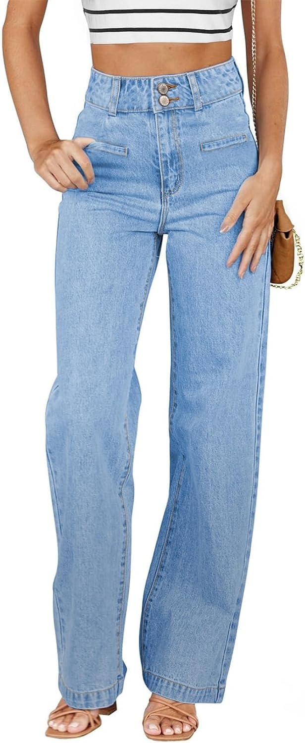 Women's High Waisted Straight Leg Jeans - Soft Stretch Denim with a Dual Button Closure and Pockets - 4