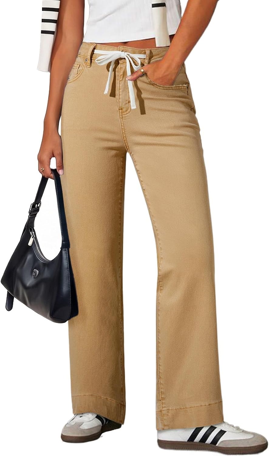 Women's High Rise Straight Leg Jeans - Stretch Denim with an Adjustable Drawstring and Pockets - 4