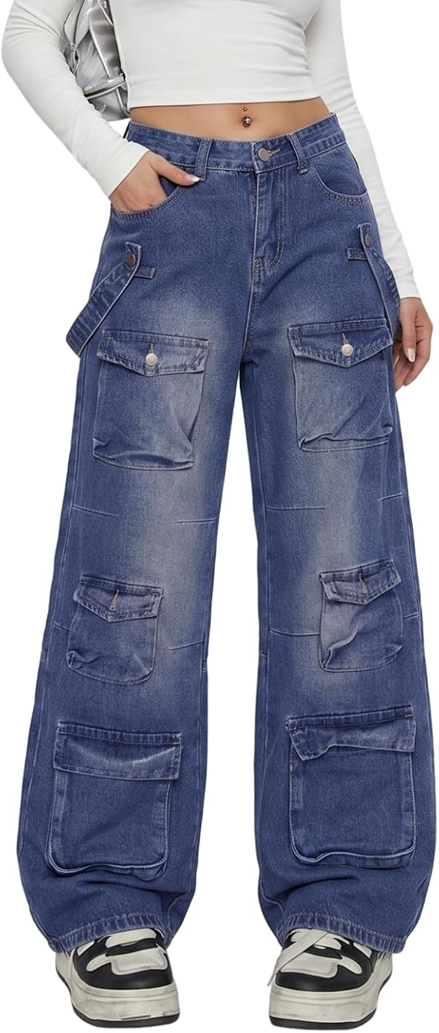 Women's Cargo Jeans - Low Waist Baggy Wide Leg Denim with Multiple Pockets for Grunge Streetwear - Small (6)