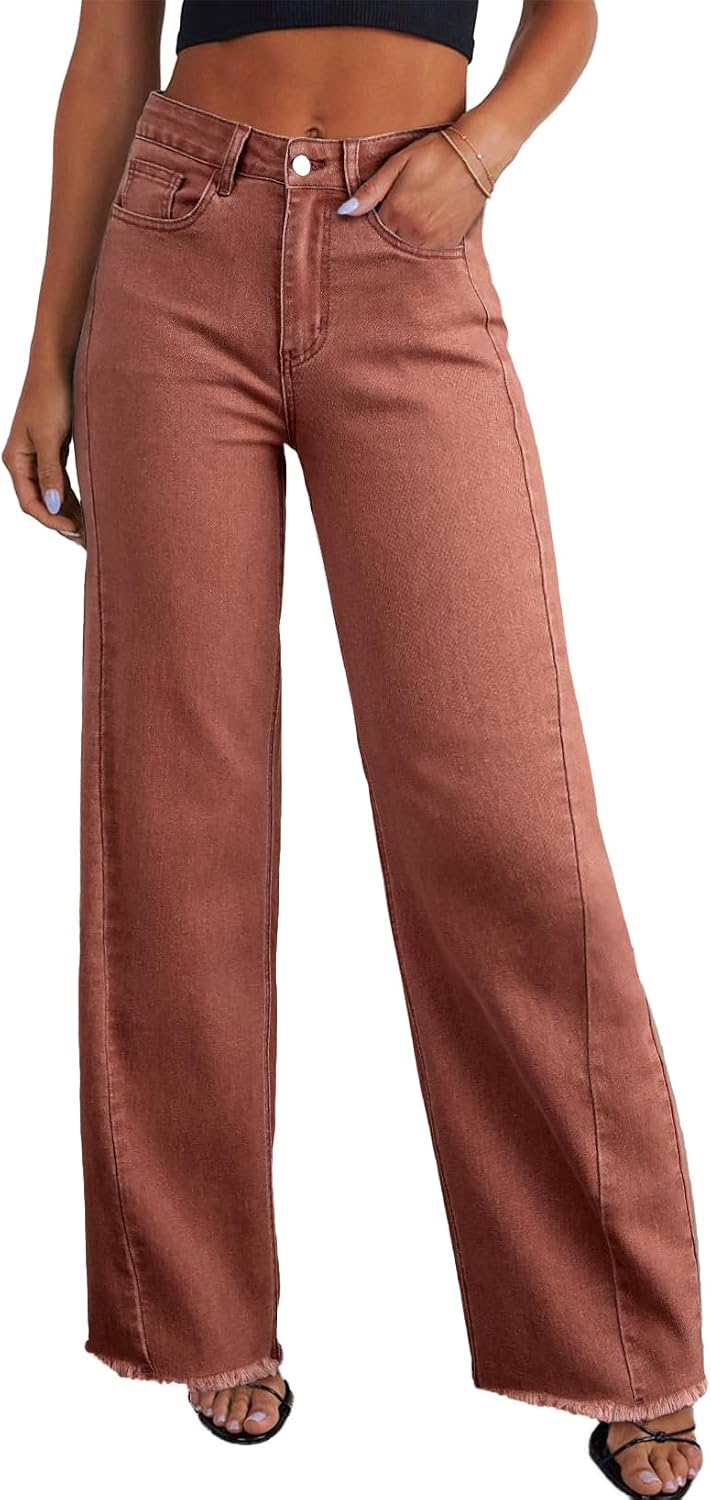 Women's High Waisted Wide Leg Jeans - Raw Hem Baggy Boyfriend Denim in Full Length for Daily Outfits - 0