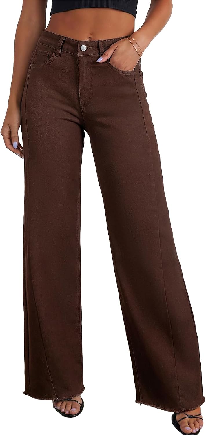 Women's High Waisted Wide Leg Jeans - Raw Hem Baggy Boyfriend Denim in Full Length for Daily Outfits - 4