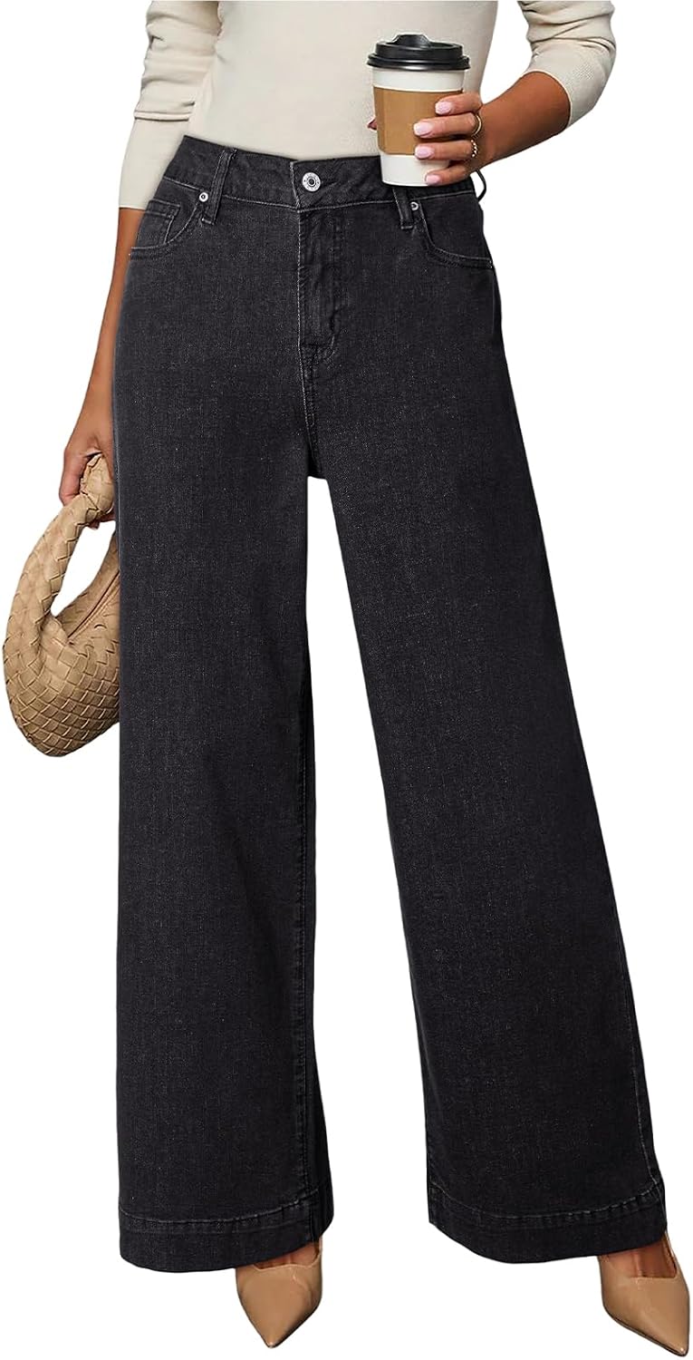 Women's High Waisted Wide Leg Jeans - Loose Stretch Denim with a Straight Leg for Everyday Casual Wear - 6