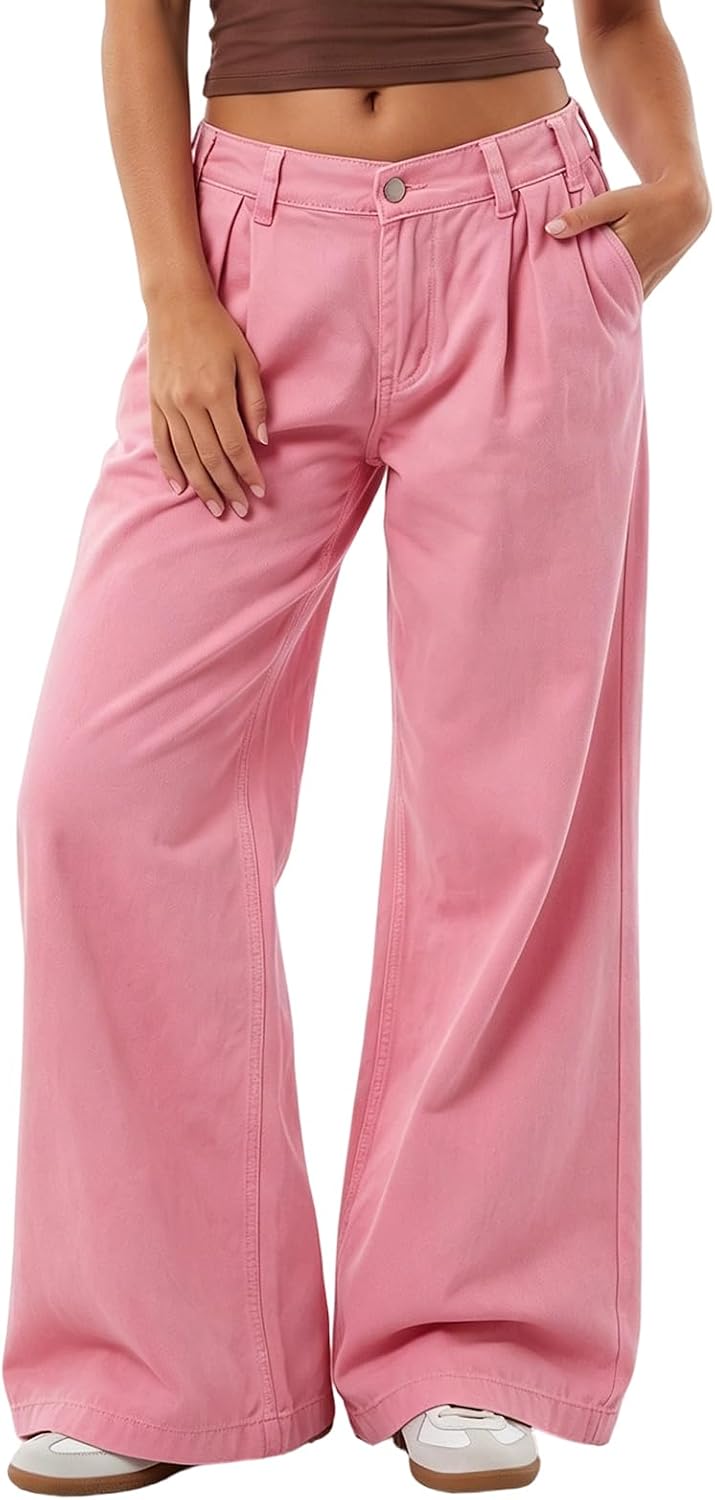 Women's Elastic Waist Wide Leg Jeans - Full Length Baggy Denim Pants for Relaxed Everyday Wear - Medium