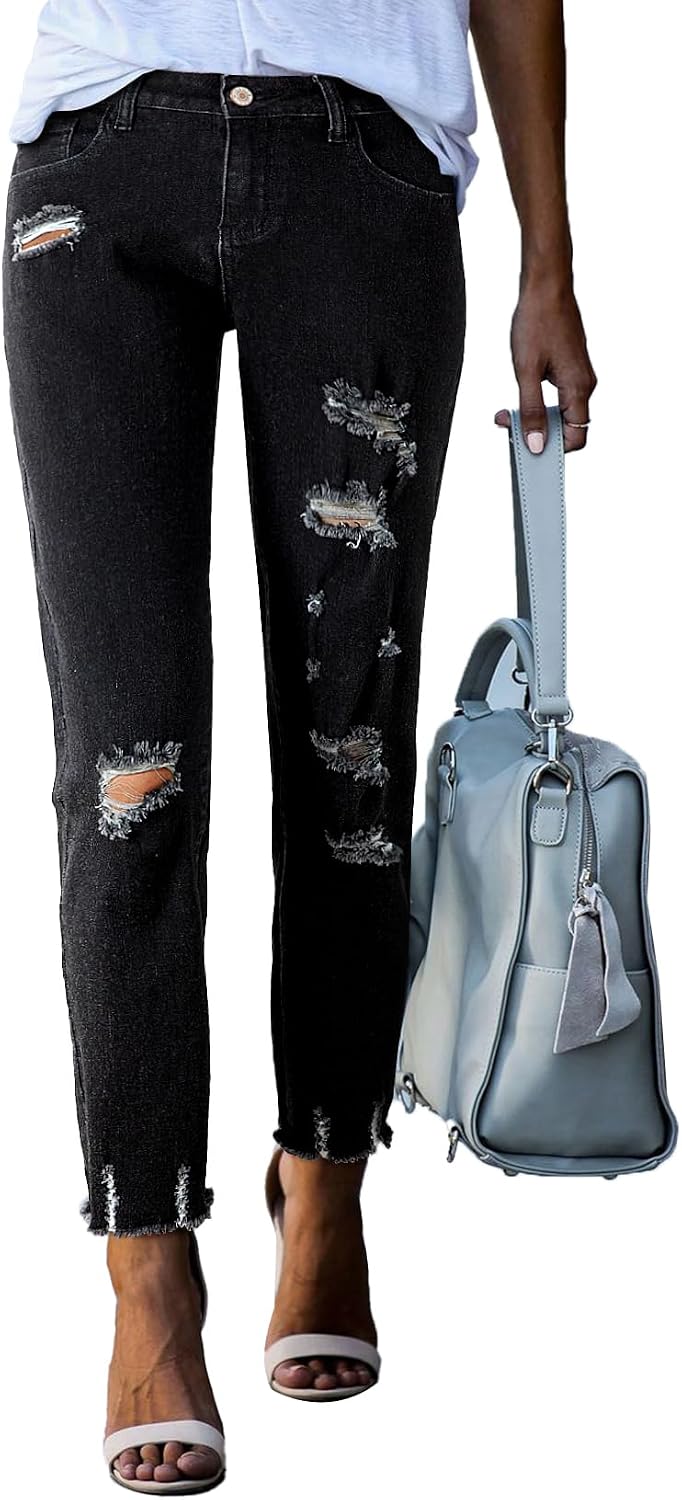 Women's Ripped Straight Leg Jeans - Distressed Boyfriend Denim with Raw Hem and Five Pockets - 4