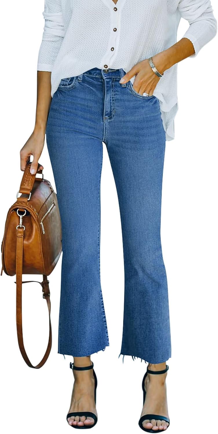 Women's Stretch Denim Flare Jeans - High Rise Raw Hem Ankle Crop with Bootcut Leg for Daily Wear - 4