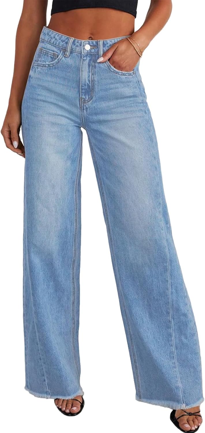 Women's High Waisted Wide Leg Jeans - Raw Hem Baggy Boyfriend Denim in Full Length for Daily Outfits - 2